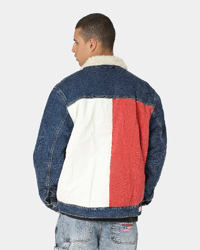 Tommy Jeans Colour-Blocked Oversized Sherpa  Denim Jacket Dark Denim Collared Jacket Crew Neck Jacket Turtle Neck Jacket