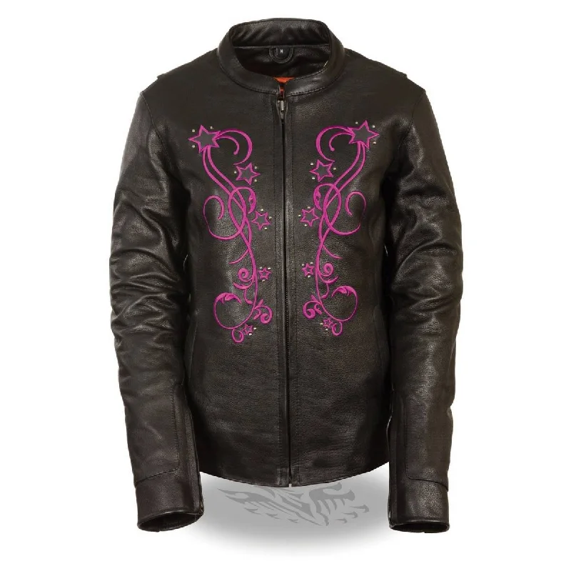 Milwaukee Leather MLL2500 Women's Black and Fuchsia Pink Leather Jacket with Embroidery Herringbone Jacket Checkered Jacket Solid Jacket