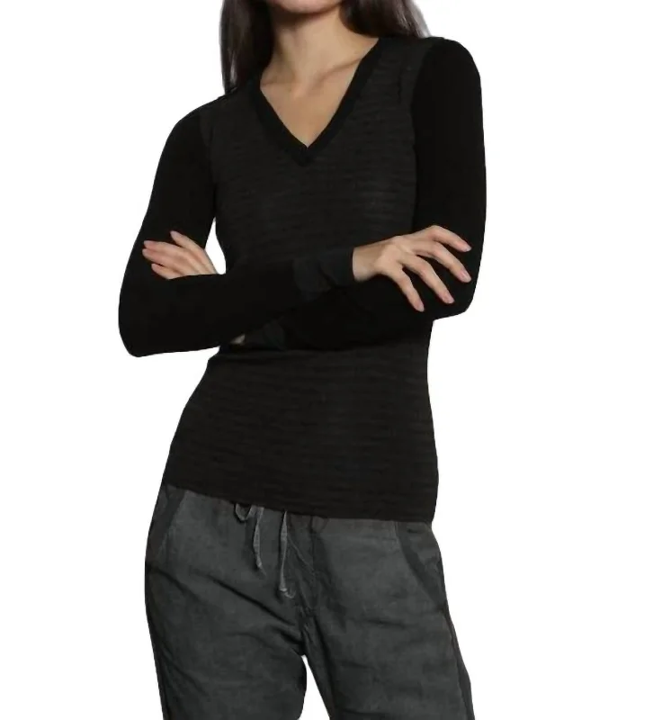 Skinny Rib Vee Pullover In Brown/charcoal Bolero Style Sweater