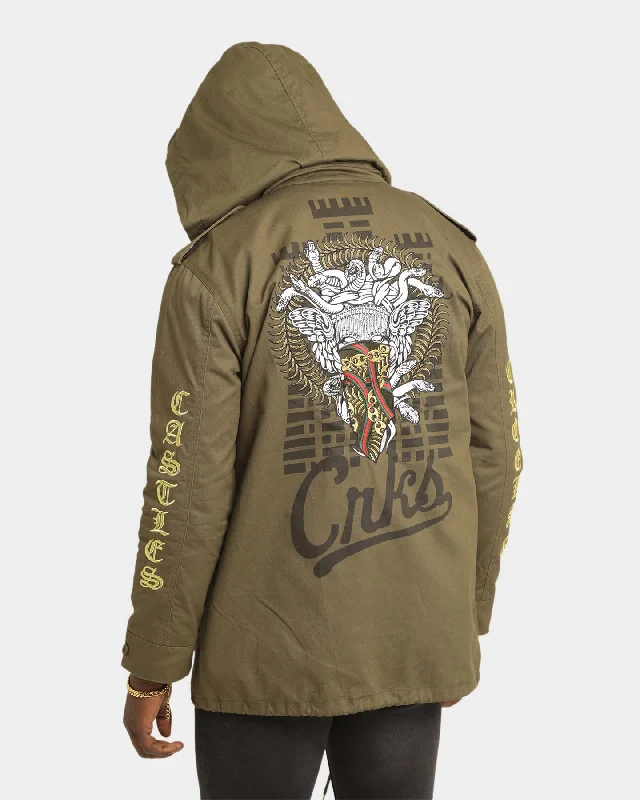 Crooks & Castles Cargo Medusa Military Jacket Military Green Rayon Fabric Velvet Fabric Corduroy Fabric