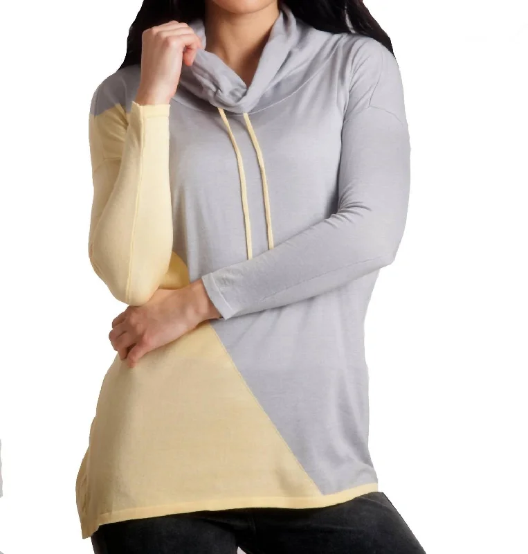 2-Tone Draw String Cowl Neck Pullover In Yellow/gray Long Bell Sleeve