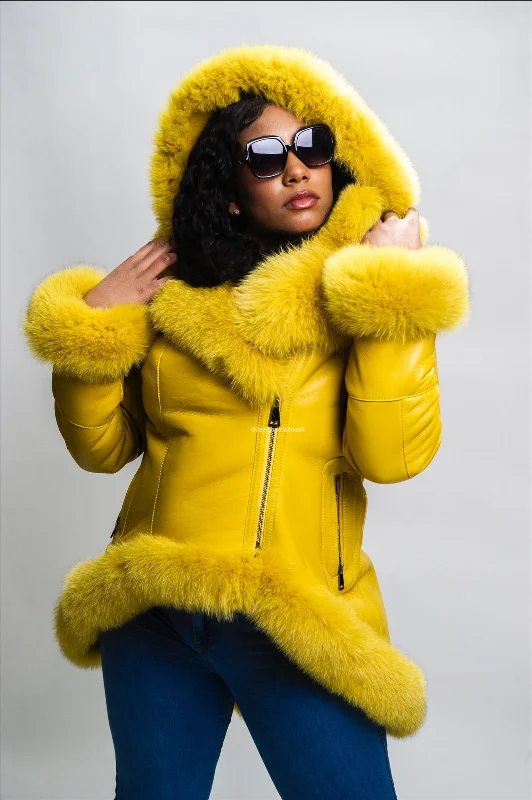 Women's Amber Shearling Sheepskin Jacket With Fox [Yellow/Yellow Fox] Zippered Front Buttoned Front Snap Front