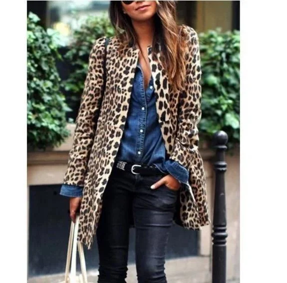 New Women's Leopard Print Sexy Wild Casual Long Trench Coat 005358709 Vent Hem Cuff