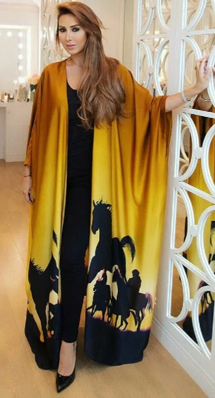 Yellow Horse Print Hcc Open Over Coat l 070725357 Lapel Coat Peter Pan Collar Coat Cowl Neck Coat