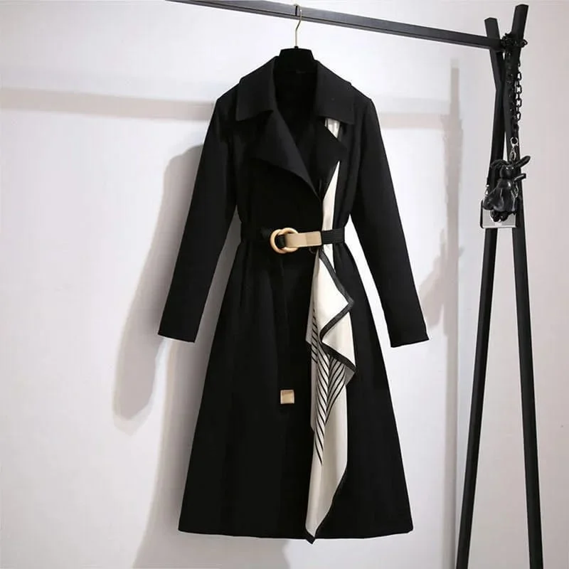 Spring Women's New Belt Long Trench Coat Thin style Fashion Windbreakers Casual and Temperament B-27184 Boat Shawl Notched