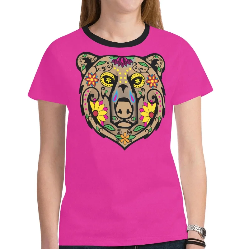 Bear Spirit Guide (Pink) T-shirt for Women Embroidered Appliqued Beaded