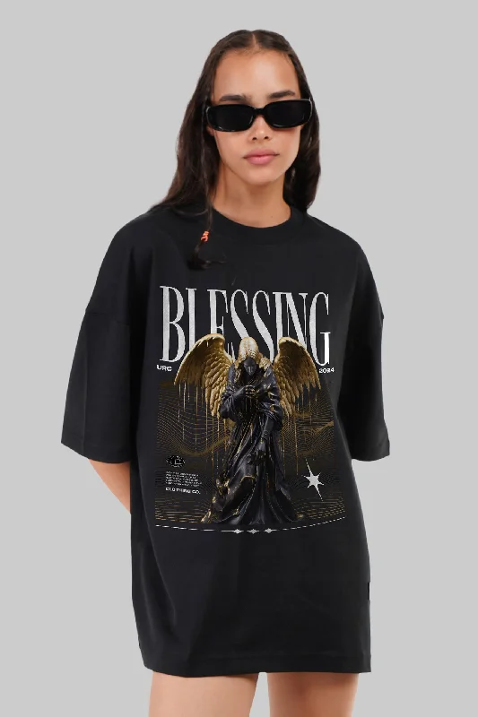 Blessing Angel Black Baggy Fit T-Shirt Women Print Jacquard Patchwork