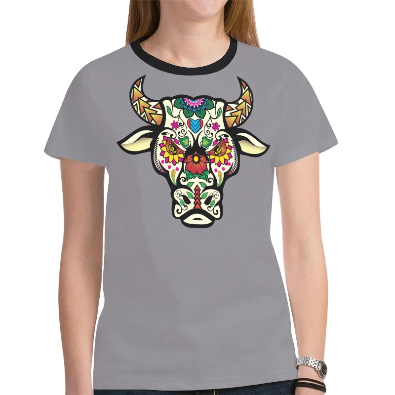 Bull Spirit Guide (Dark Gray) T-shirt for Women Polka Dot Checkered Tartan