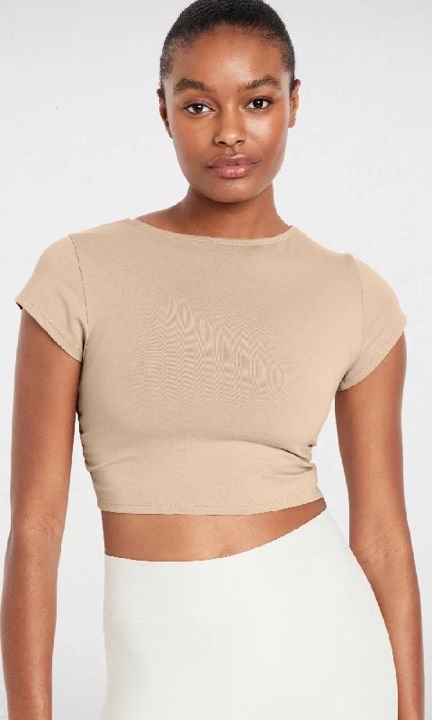 Women Sports Cropped T-shirt (Beige) Chenille Blend Fleece Blend Nylon Blend