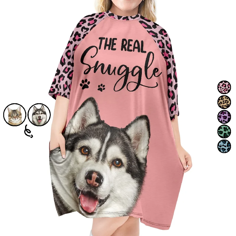 Custom Photo The Real Snuggle - Gift For Dog Mom, Cat Mom, Pet Lovers - Personalized Women's Sleep Tee Chenille Brocade Lace