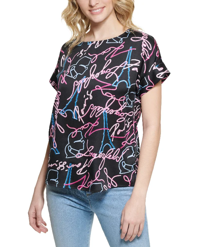 Karl Lagerfeld Paris Womens Neon Print T-Shirt Fitted T-Shirt Seamless Stretchy