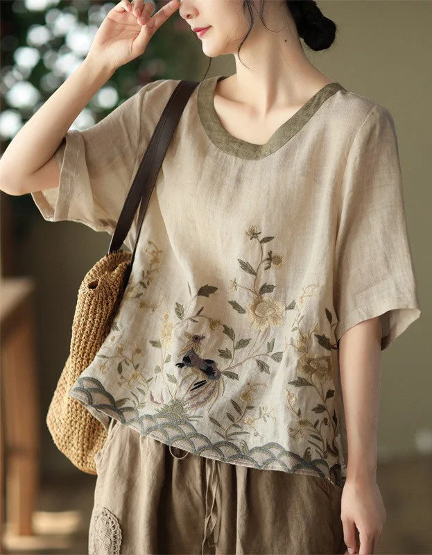 Linen Rounded Neck Embroidery Mid-sleeve Shirt Print Jacquard Patchwork