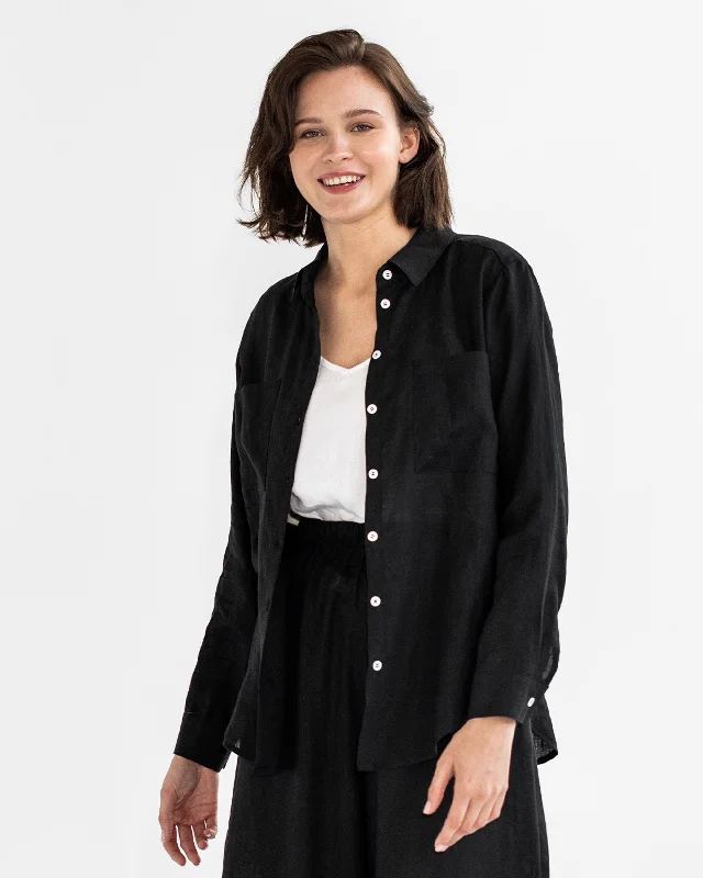 Long-sleeved linen shirt CALPE in Black Hooded Caped Shawl Collar