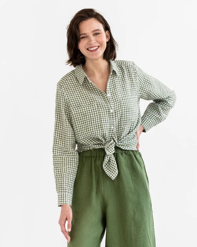 Long-sleeved linen shirt CALPE in Forest green gingham Mesh Canvas Denim