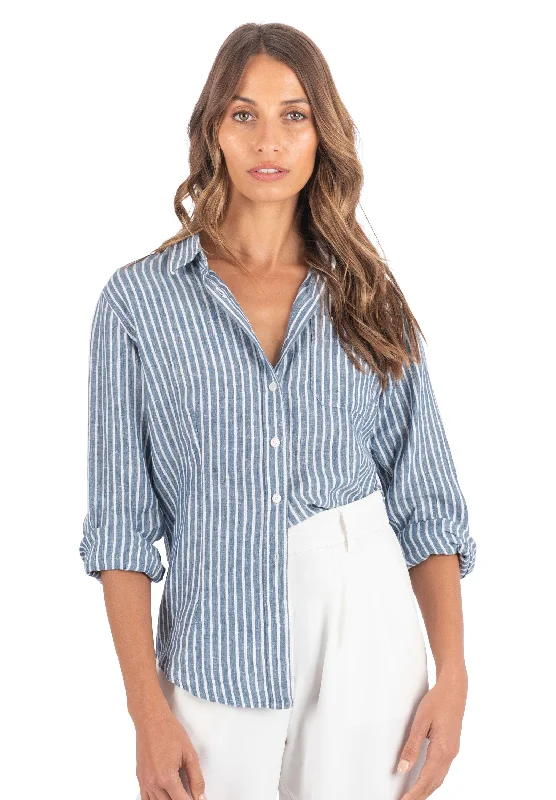 Rina Indigo Blue Stripes Slim-Fit Linen Shirt Terry Blend Velvet Blend Canvas Blend