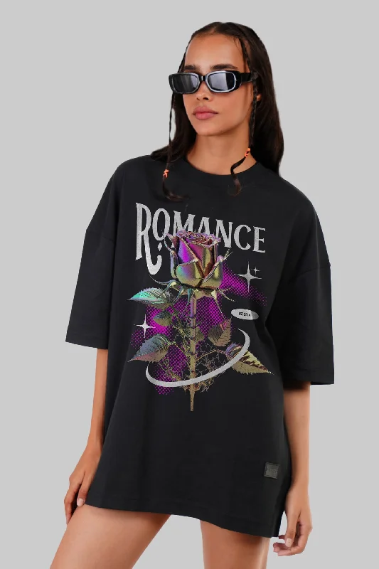 Romance Graphic Printed Black Baggy Fit T-Shirt Women Basic T-Shirt Crew Neck Short Sleeve