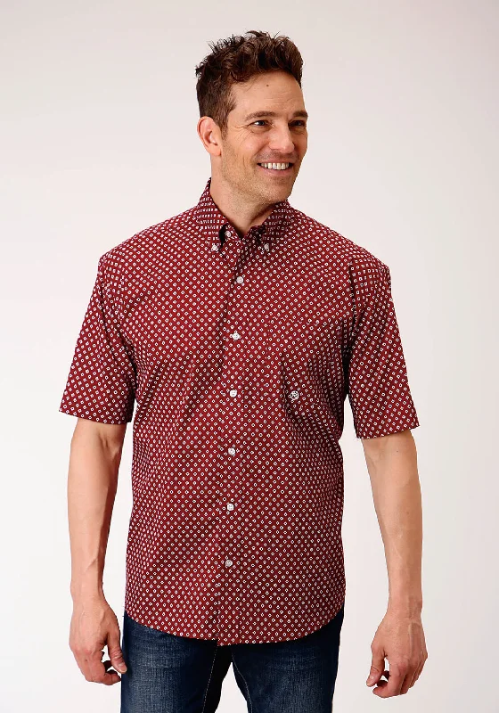 Roper Mens Wine Cotton Blend 1 Pocket BD S/S Shirt Houndstooth Herringbone Solid