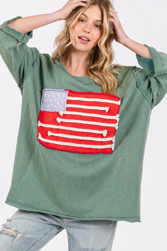 SAGE + FIG Full Size American Flag Patch Drop Shoulder T-Shirt V-Neck T-Shirt Long Sleeve Cotton