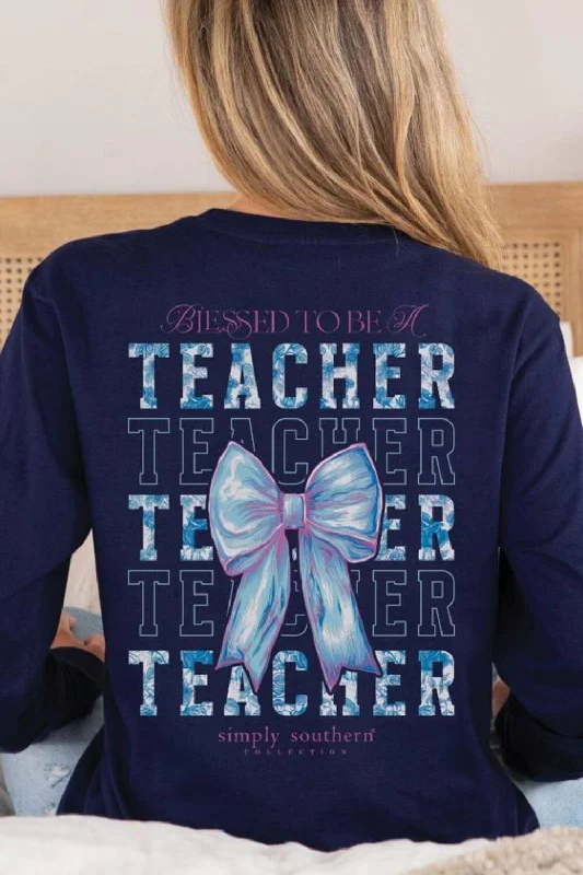 Simply Southern Long Sleeve Blessed Teacher T-Shirt for Women in Eclipse | LS-TEACHER-ECLIPSE Satin Blend Silk Blend Wool Blend