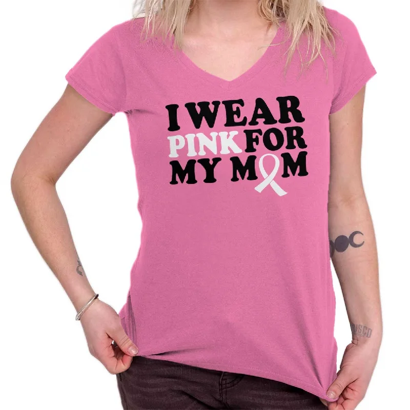 Wear Pink For My Mom Junior Fit V-Neck T Shirt Seamless Knitted Crochet