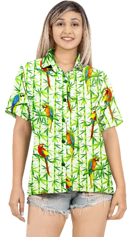 White and Green Parrot Printed Hawaiian Shirts For Women Hooded Caped Shawl Collar