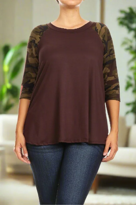 Womens Thanksgiving Brown Camouflage Top, 3/4 Sleeve Raglan Shirt, Sizes 1xl/2xl/3xl, Brown/Green Cashmere Blend Cotton Blend Poly Blend