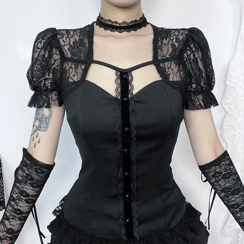 Women's Gothic Puff Sleeved Lace Splice Shirt Elegant Classic Vintage