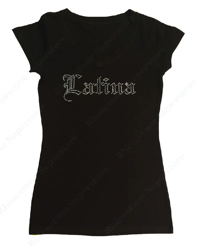 Womens T-shirt with Crystal Latina in Old English in Rhinestones Ribbed T-Shirt High Neck Heavyweight