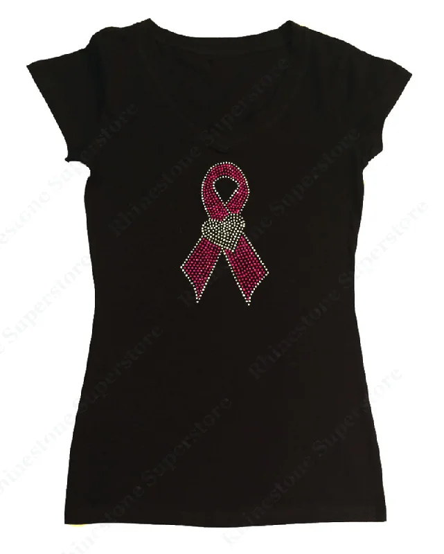 Womens T-shirt with Pink Cancer Ribbon with Crystal Heart in Rhinestones Print Jacquard Patchwork