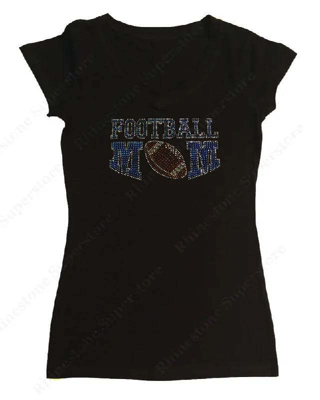 Womens T-shirt with Saphirre Football Mom in Rhinestones Mesh Blend Leather Blend Suede Blend