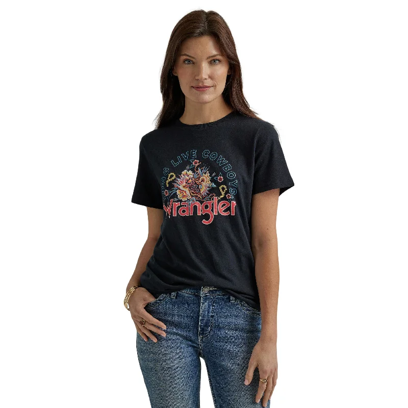 Women's Wrangler Western Graphic Reg Fit Tee- Jet Black Chenille Fabric Brocade Fabric Lace Fabric