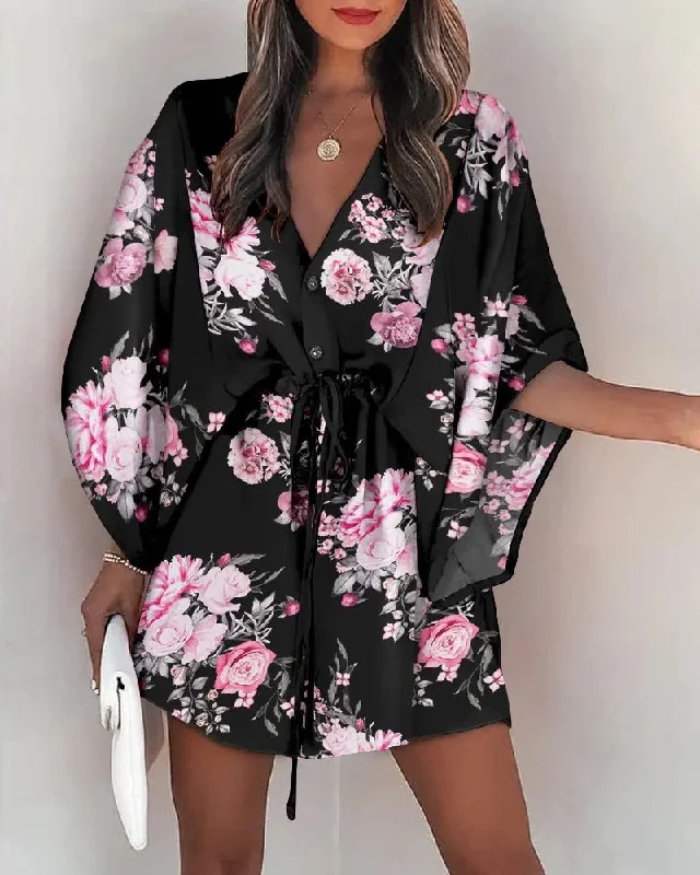 Zjkrl 2023 Summer Boho Dresses Women Casual Flora Print Batwing Sleeve Lace-Up Dress Sexy V Neck Loose Ladies Beach Mini Dress Vestido Halter Neckline Beach