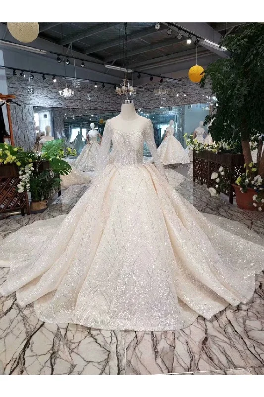 Ball Gown Wedding Dresses Scoop Top Quality Tulle Beading Long Sleeves empire Waist empire