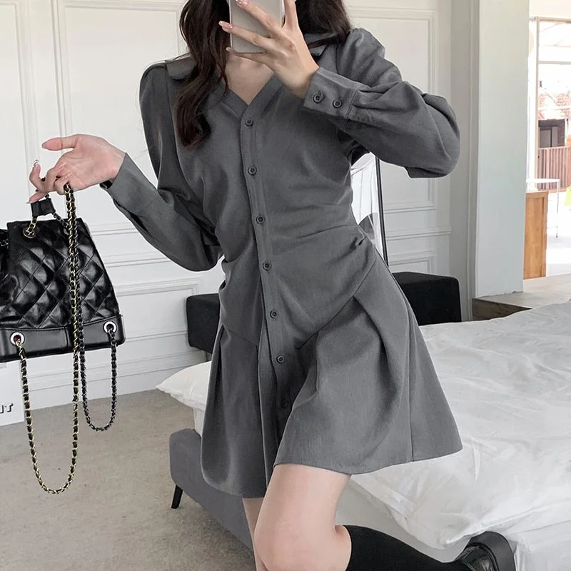 Zjkrl - Chic Long Sleeve Single-breasted Women Shirt Dress 2023 Autumn V Neck Pleated Mini Dresses Korean Gray Slim High Waist Vestidos Tunics Prom sequined