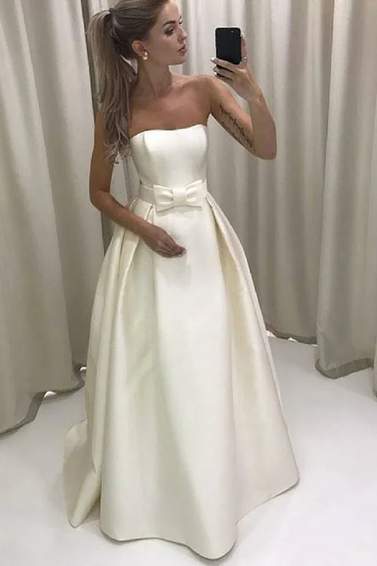 Cute Elegant Strapless Long A-Line Ivory Satin Prom Dresses Wedding Dresses Tunics Luxurious premium