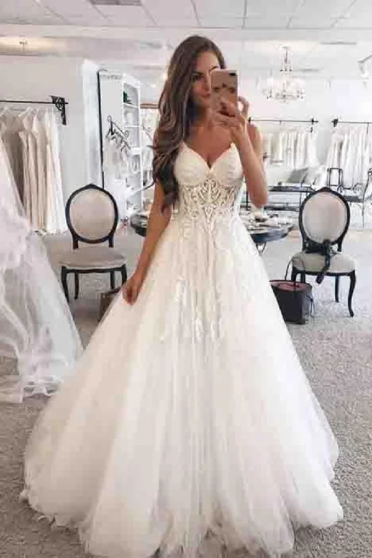 Elegant Floor Length Ivory Tulle Wedding Dresses Long Bridal Dresses Tunics Fashionable chic