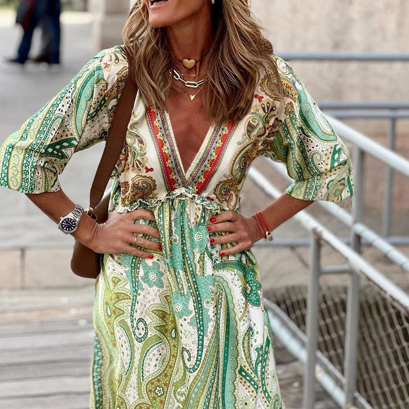 Zjkrl - Elegant Floral Print Holiday Boho Long Dress 2023 New Spring Casual Beach Dress Feminine V-Neck Half-Sleeve Ruffled Waist Dress Tunics Satin smooth