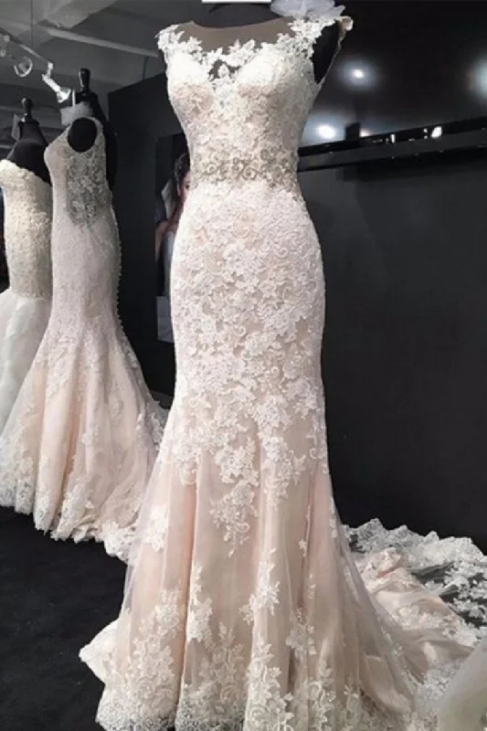 Elegant Long Open Back Sheath Ivory Lace Mermaid Wedding Dresses Floral Print girly