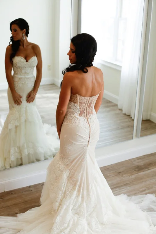 Fashion Gorgeous Mermaid Backless Sweetheart Ivory Lace Wedding Dresses Cowl Neckline Elegant