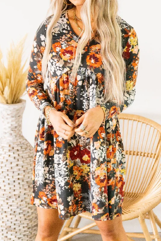 Floral Print Ruched Long Sleeve Dress Tunics Yoga stretchy