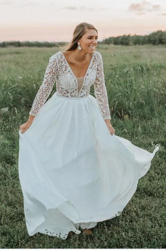 Flowy Long V-Neck Lace V-Neck Simple Wedding Dresses Beach Wedding Dresses Turtleneck Neckline Stylish