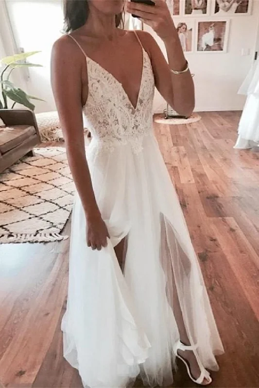 Flowy Spaghetti Straps Ivory Lace Tulle Long V-Neck Beach Wedding Dresses Tunic Top Casual