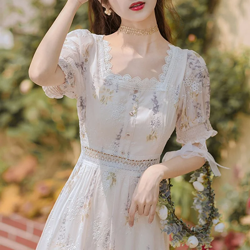 French Sweet Summer Women's Dress 2022 Casual Chiffon Midi Vintage Floral Dresses Females Design Short Sleeve Korean Style chic empire Waist empire