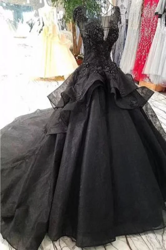 Gorgeous Black Ball Gown Wedding Dress With Cap Sleeves, Long Bridal Dress With Beads Tunics Mesh breathable