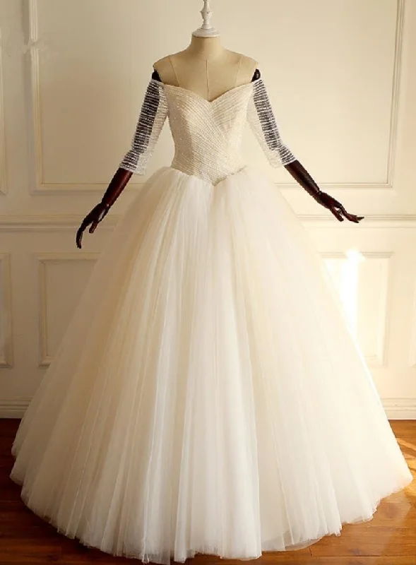 Half Sleeves Long A-line Tulle Beaded Wedding Dresses Tunics Leisure comfortable