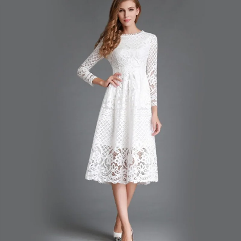 Hengsong Elegant hollow out lace dress women long sleeve autumn style midi-calf white lace dress Spring party dress vestidos Tunics Essential wardrobe