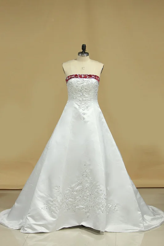 Hot Selling Wedding Dresses A Line Strapless Sweep/Brush Train Satin Tunics Office stylish