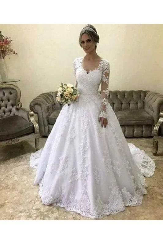 Hot Wedding Dresses Sweetheart Ball Gown Tulle With Applique Long Sleeves Tunics Wedding white