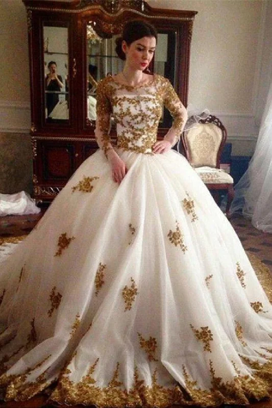 Ivory And Gold Lace Beading Tulle Long Sleeves Ball Gowns Wedding Dresses Tunics Ceremony elegant