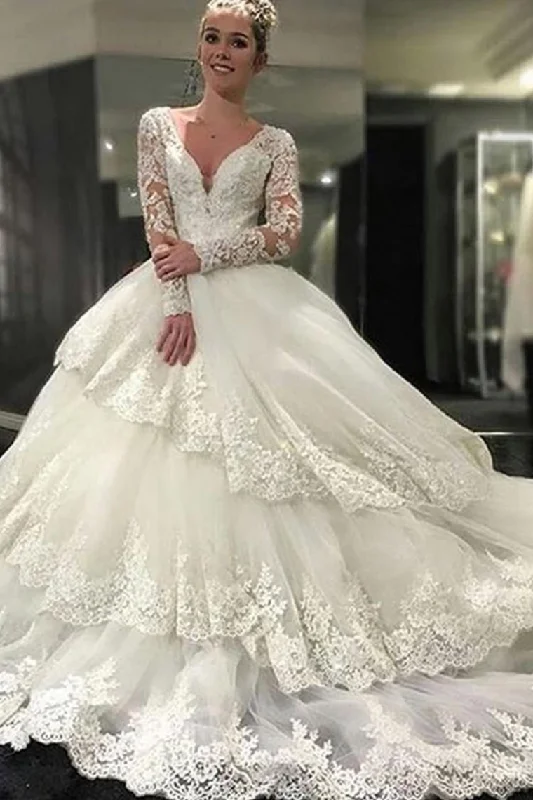 Ivory Deep V-Neck Long Sleeves Appliques Chapel Train Tiered Wedding Dress Tunics Occasion special